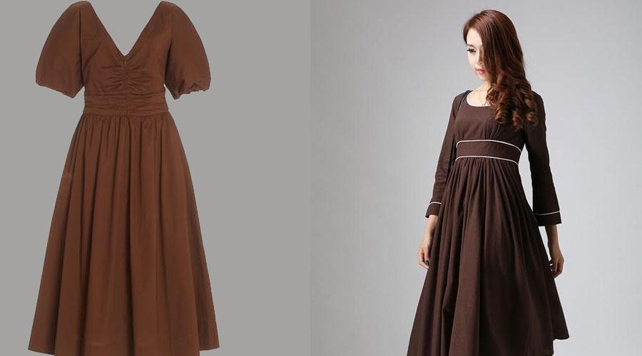 A brown linen-like midi dress with cutouts at the back and an open back.-Hermagic
