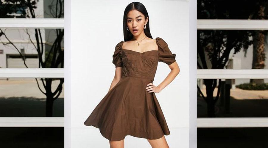 Brown sleeve split The Daisy puff dress features puff sleeves-Hermagic
