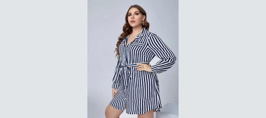 SHEIN FIT+ Plus Striped Print Belted Shirt Dress