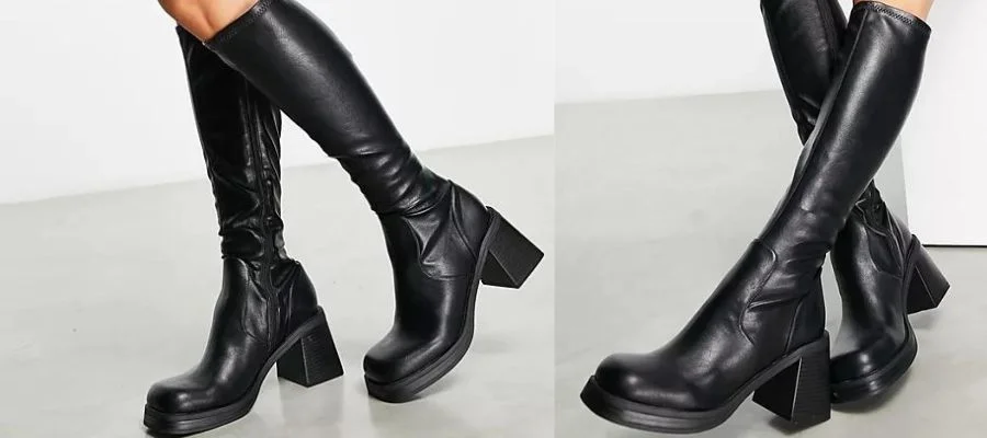 ASOS DESIGN Catch mid heel sock knee boots in black
