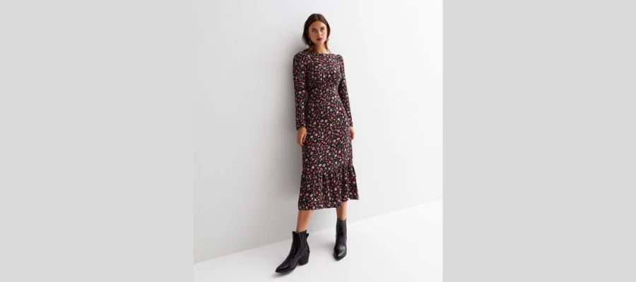 Black Ditsy Floral Long Sleeve Ruched Dress