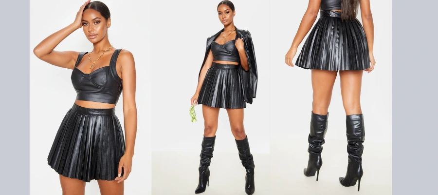 Black faux leather pleated tennis skirt 
