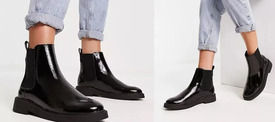 New Look flat patent chelsea boot in black 