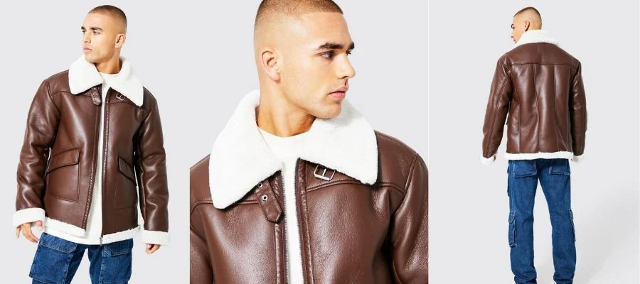 Oversized Leather Look Aviator With Wide Borg Collar