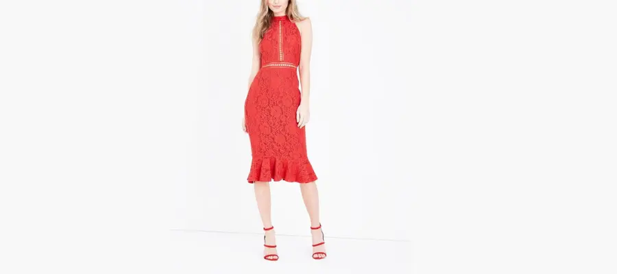 Red Ladder Lace Peplum Hem Midi Dress
