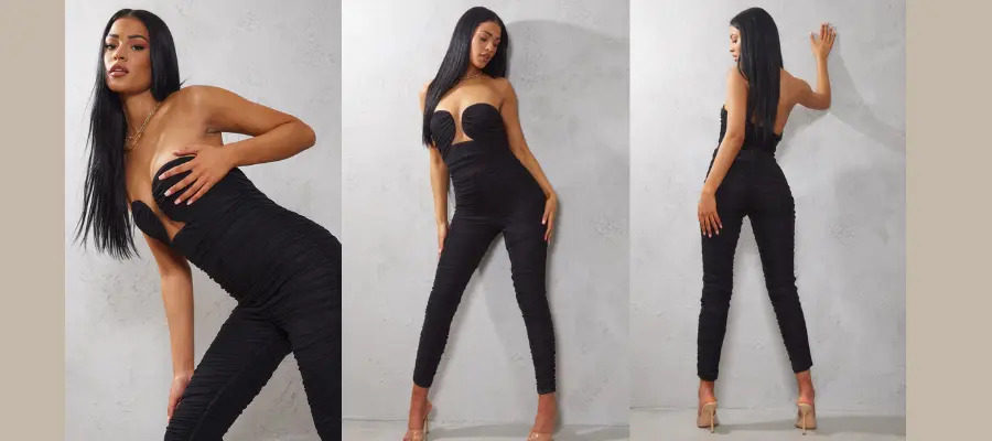 Tall Black Mesh Ruched Bandeau Cup Detail Jumpsuit