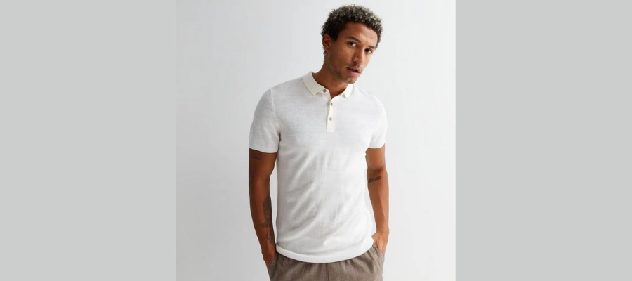 White Fine Knit Short Sleeve Polo Top