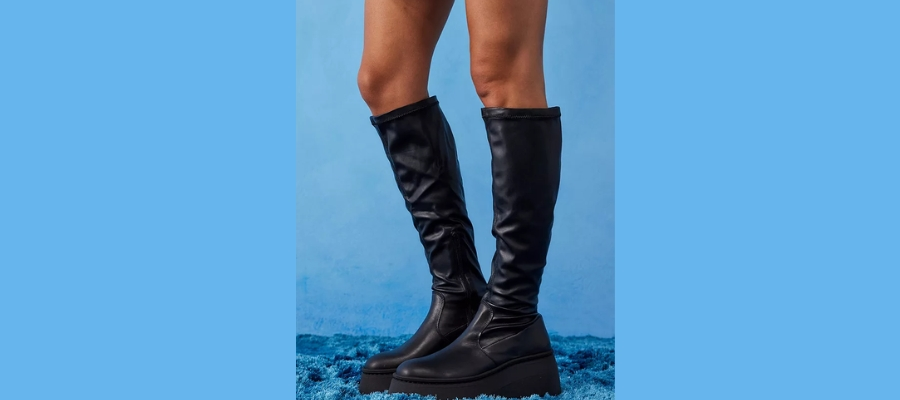 Flatform Knee High Boot in Black Leather