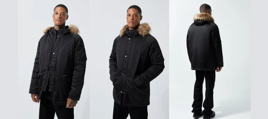 SATIN ROUCHED PARKA WITH FAUX FUR TRIM HOOD