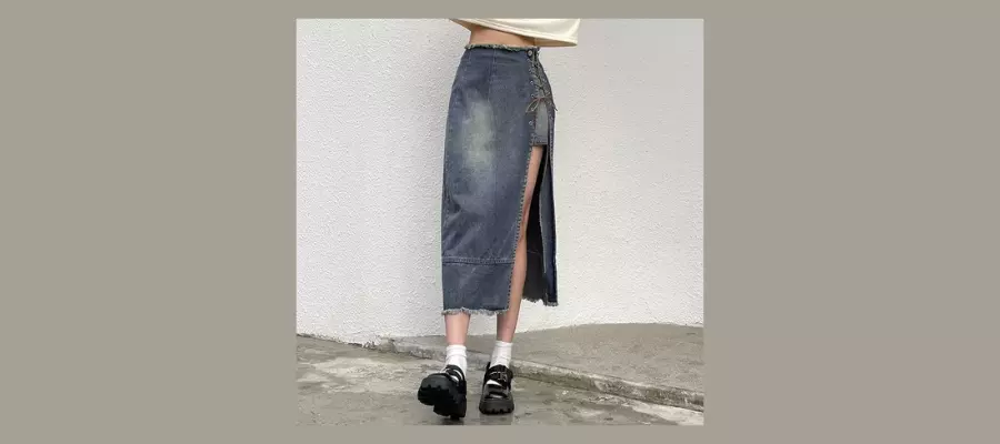 Cincine - High Waist Lace-Up Slit Denim Midi Pencil Skirt