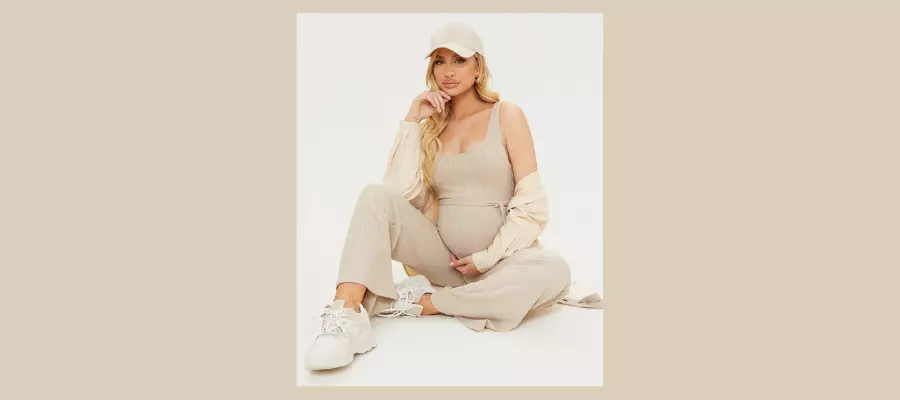 Maternity Oatmeal Ribbed Tie Waist Jumpsuit
