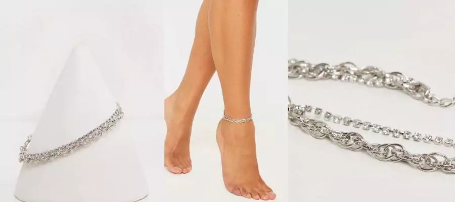 Silver circle and diamante double line chain anklet