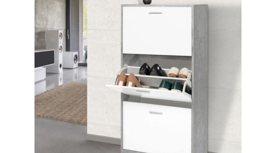 Concrete effect shoe cabinet  with 3 white doors