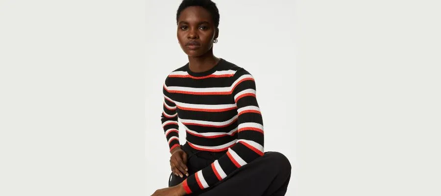 Ribbed Striped Crew Neck Knitted Top