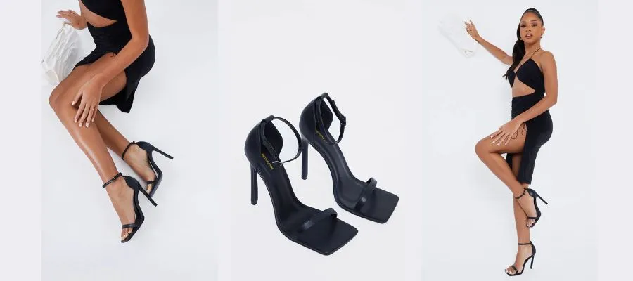 Black wide fit pu barely there strappy heeled sandals