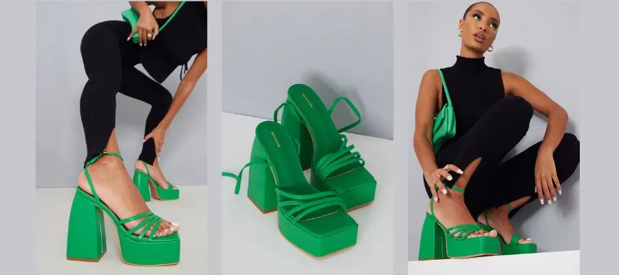 Green pu square toe platform strappy heeled sandals