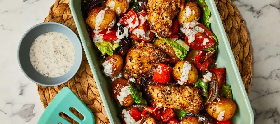 All-in-one chicken souvlaki-style salad with minty yoghurt