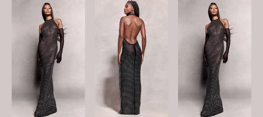 Black embellished mesh backless high neck maxi dress | Hermagic