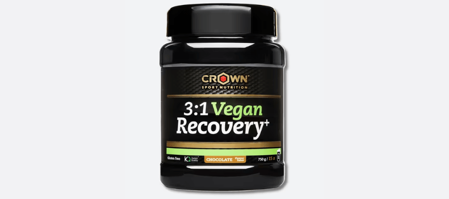 Can with 750g of vegan muscle recovery 'vegan recovery+' chocolate
