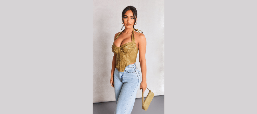 Petite olive faux leather halterneck corset top