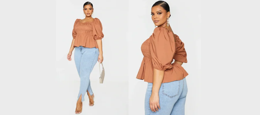 Plus Brown Shirred Puff Sleeve Blouse