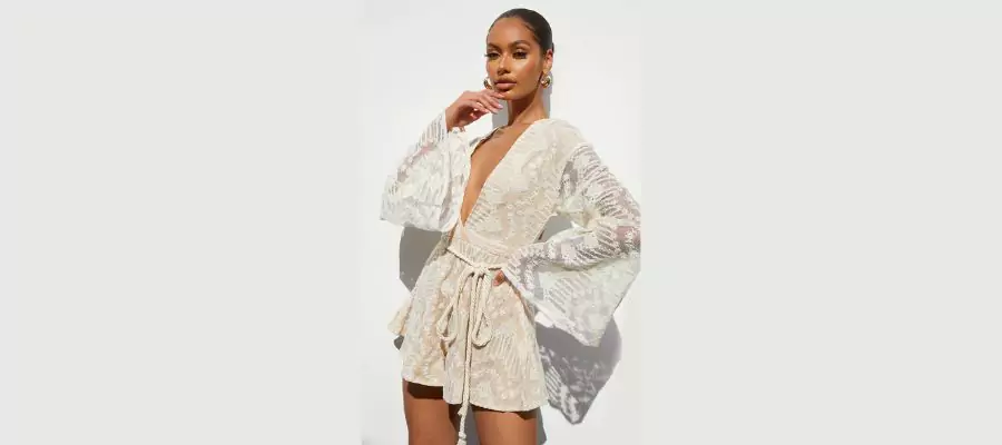 Nude Lace Flare Sleeve Rope Belt Romper