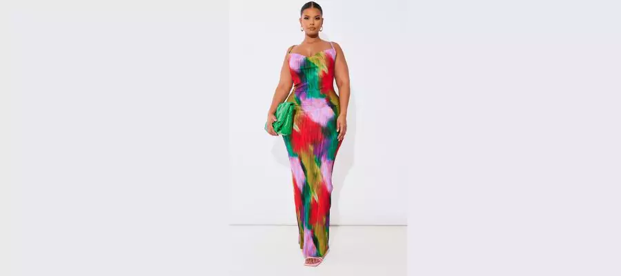 Plus multi-printed plisse cowl neck maxi dress