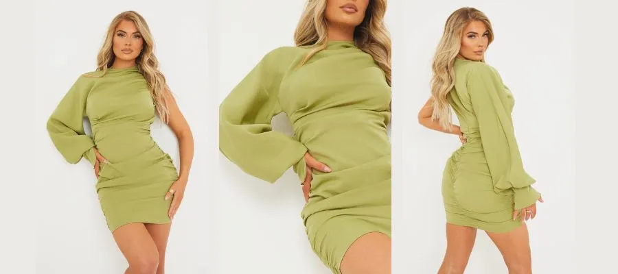 Sage Green One Sleeve Ruched Woven Bodycon Dress