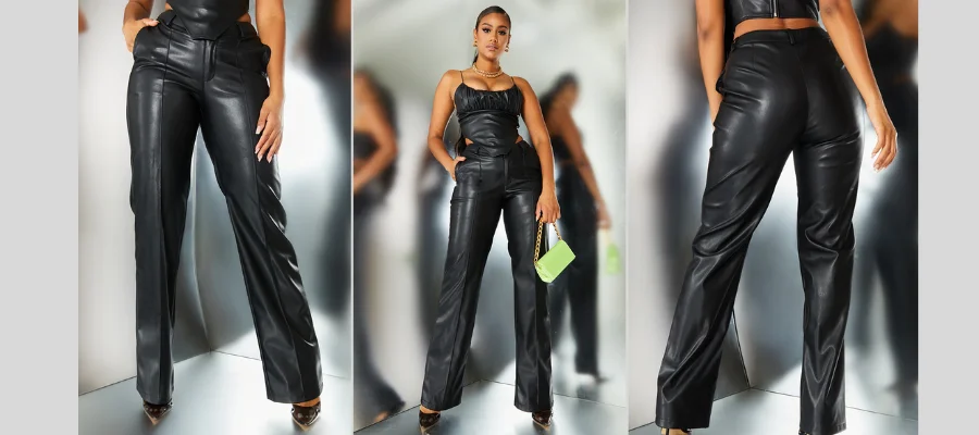 Black Faux Leather Dip Waist Flared Pants