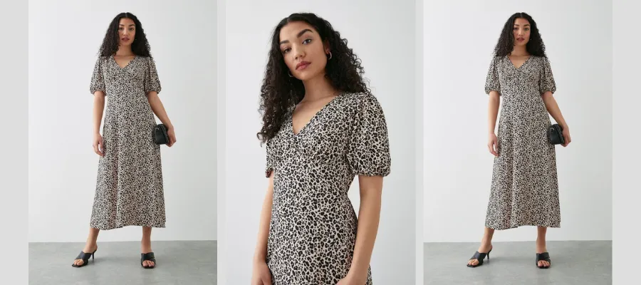 Leopard Print Empire Puff Sleeve Midi Dress