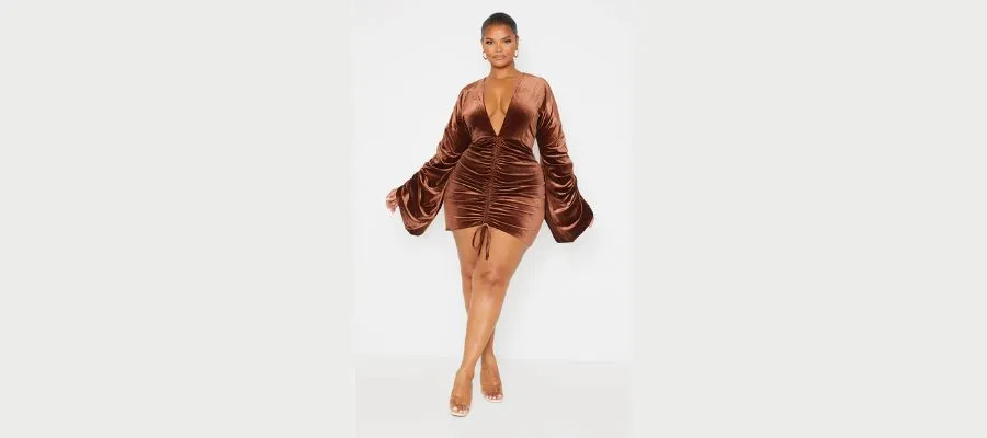 Plus chocolate velvet plunge ruched front bodycon dress 