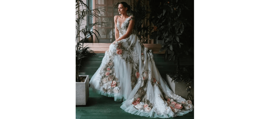 Unique Bohemian Bridal Gown with 3D Flowers Leaf Lace