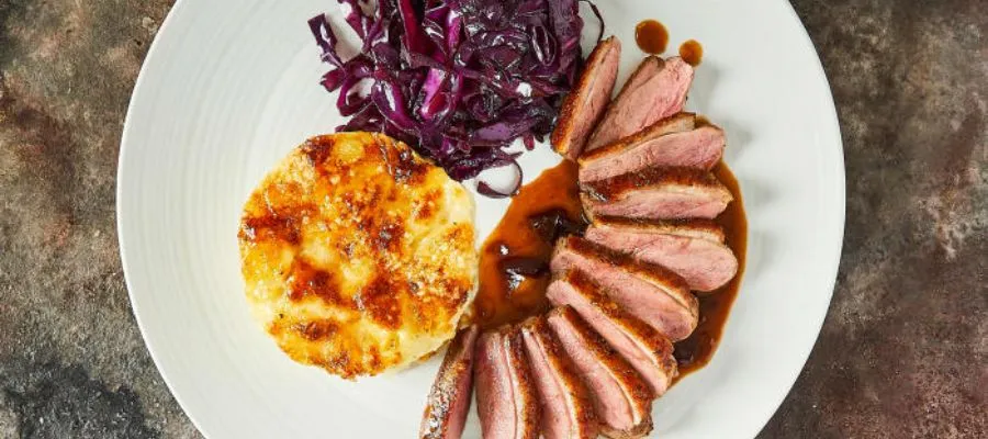 Duck Breast, Braised Red Cabbage, Potato and Parsnip Gratin