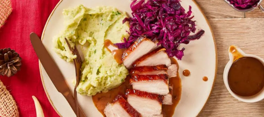 Pork Belly, Sprout Mash and Spiced Red Cabbage