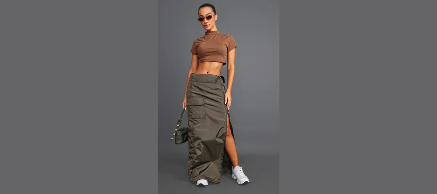 Petite Khaki Cargo Fold Over Waistband Midaxi Skirt