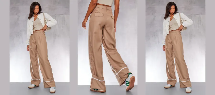 STONE WOVEN TAILORED PLEAT FRONT TURN UP HEM WIDE LEG TROUSERS
