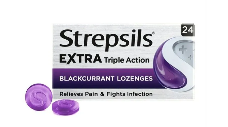 Strepsils Extra Medicated Sore Throat Lozenges Triple Action Blackcurrant Hexylresorcinol