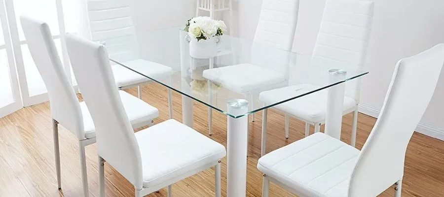 White Glass Dining Table Set With 6 Leather Chairs - White