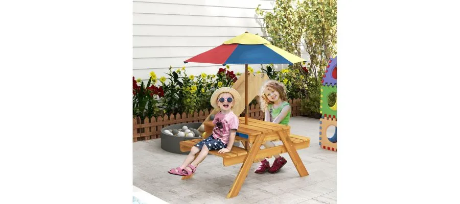 Kids Picnic Table Set With Sand Water Removable Parasol 3e2 006v02tk - Natural