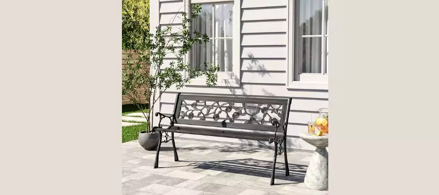 Outdoor Patio Metal Bench with Rose Pattern