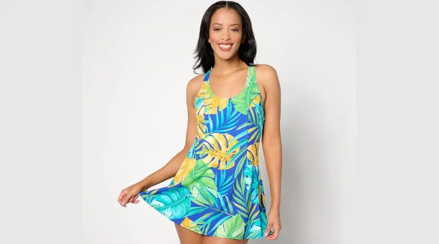 Beach Swim Dress with Scoop Neck and Seaming Detail