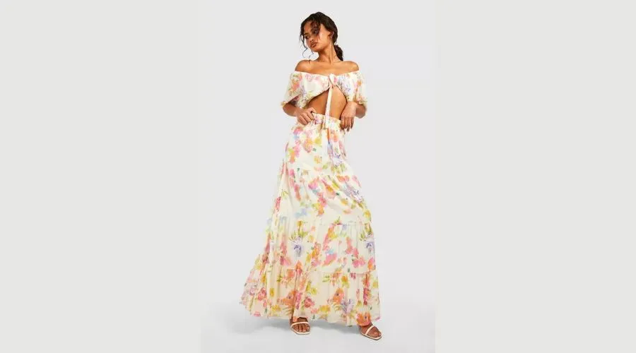 Boohoo Pastel Floral Tiered Floaty Maxi Skirt 