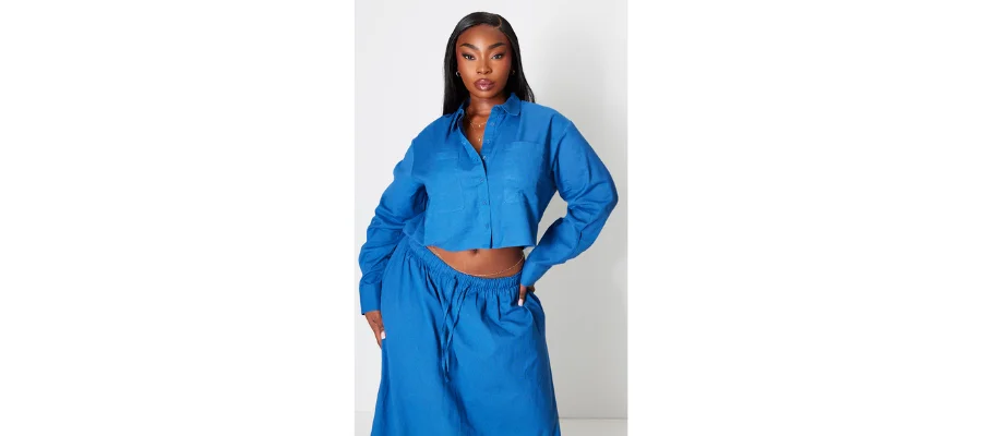 Plus Dark Blue Linen Look with a Drawstring Waist Maxi Skirt & Cropped Pocket Detail Shirt | HerMagic