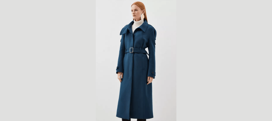 Wool Blend Tailored Epaulette Detail Belted Coat