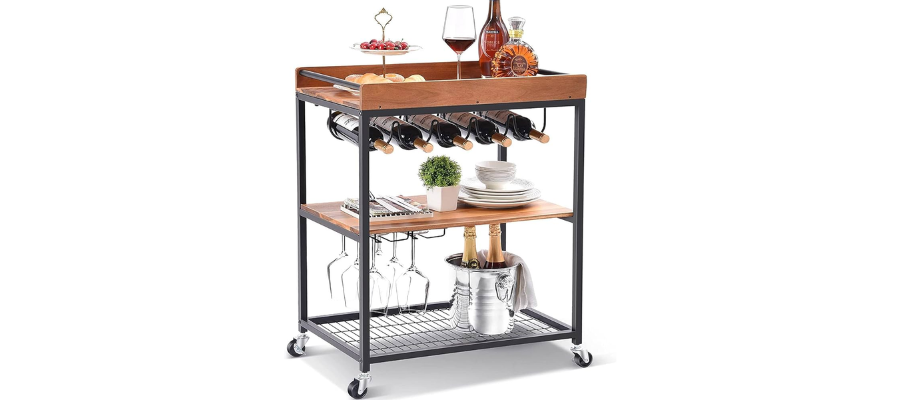 Metallic Rolling Serving Bar Cart With 14-Grid Wine Racks & Glass Holder | Hermagic