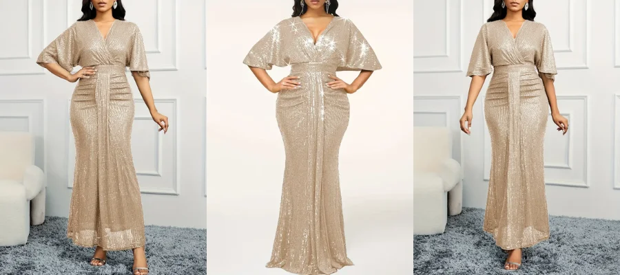 Elegant Beige Sequin V-Neck Dress