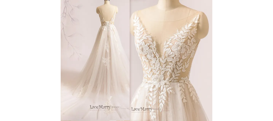 MAGNA / A-Line Boho Wedding Dress with Leafs and Flowers