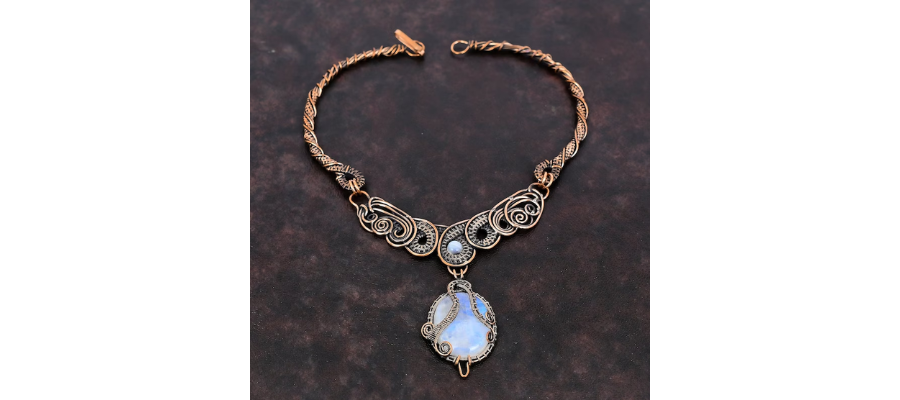 Rainbow Moonstone Copper Wire Wrapped Necklace