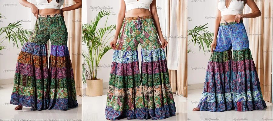 Recycled Sari Silk Wide Leg Patchwork Pants