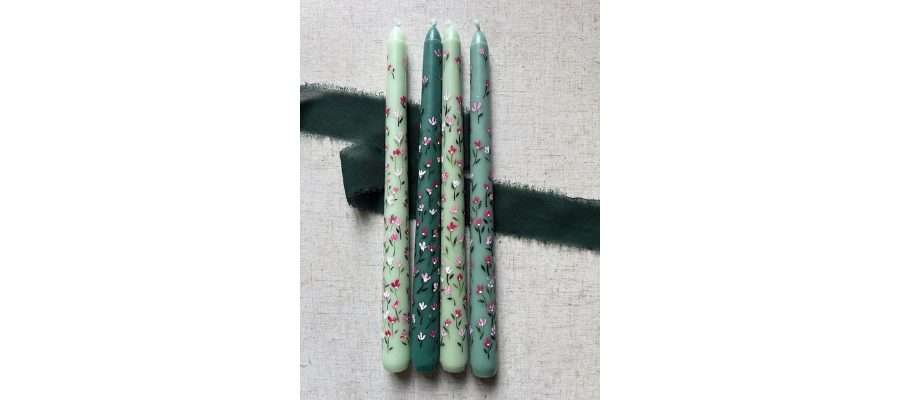 Floral Ditsy Green Handpainted Tapered Candles 